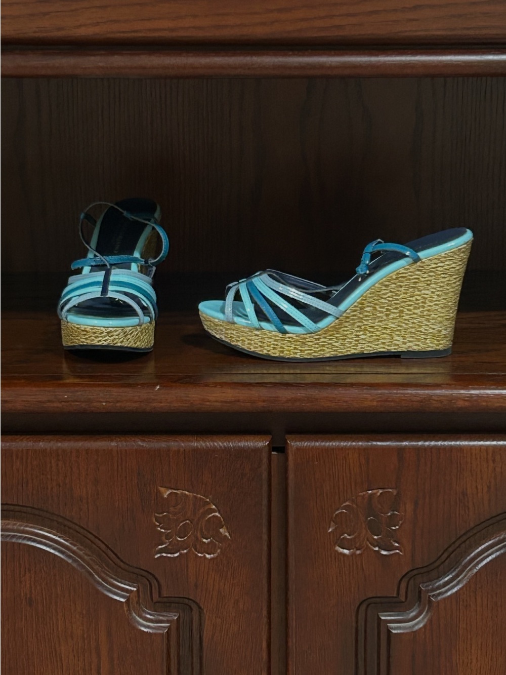 Christian Siriano Turquoise Strappy Wedge Sandals